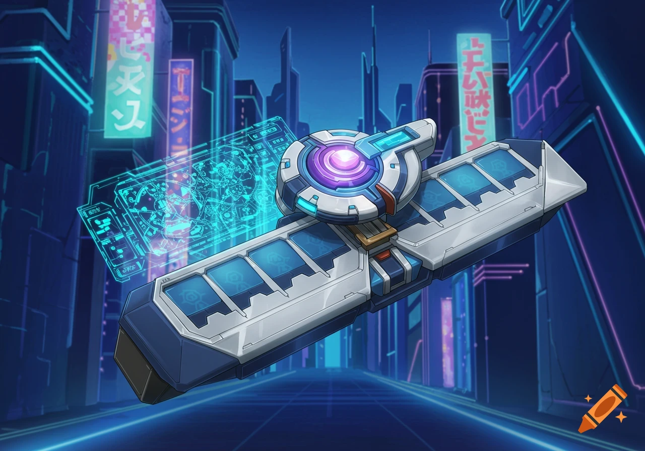 A futuristic blue and white Duel Disk with a holographic display floats in a neon-lit cyberpunk city at night, in an anime style.