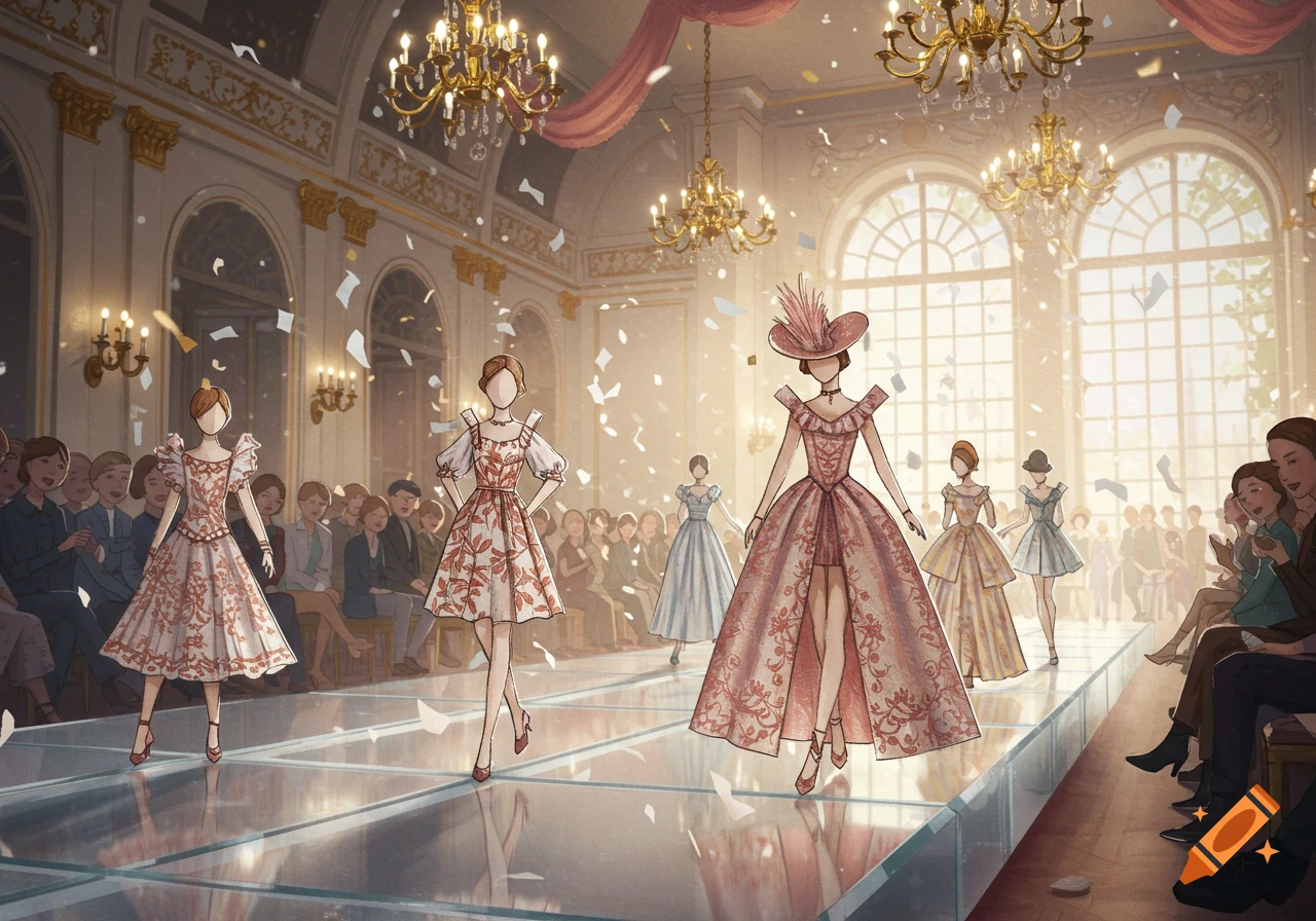 Illustrated paper doll fashion show in a grand hall with models on a runway and an audience.