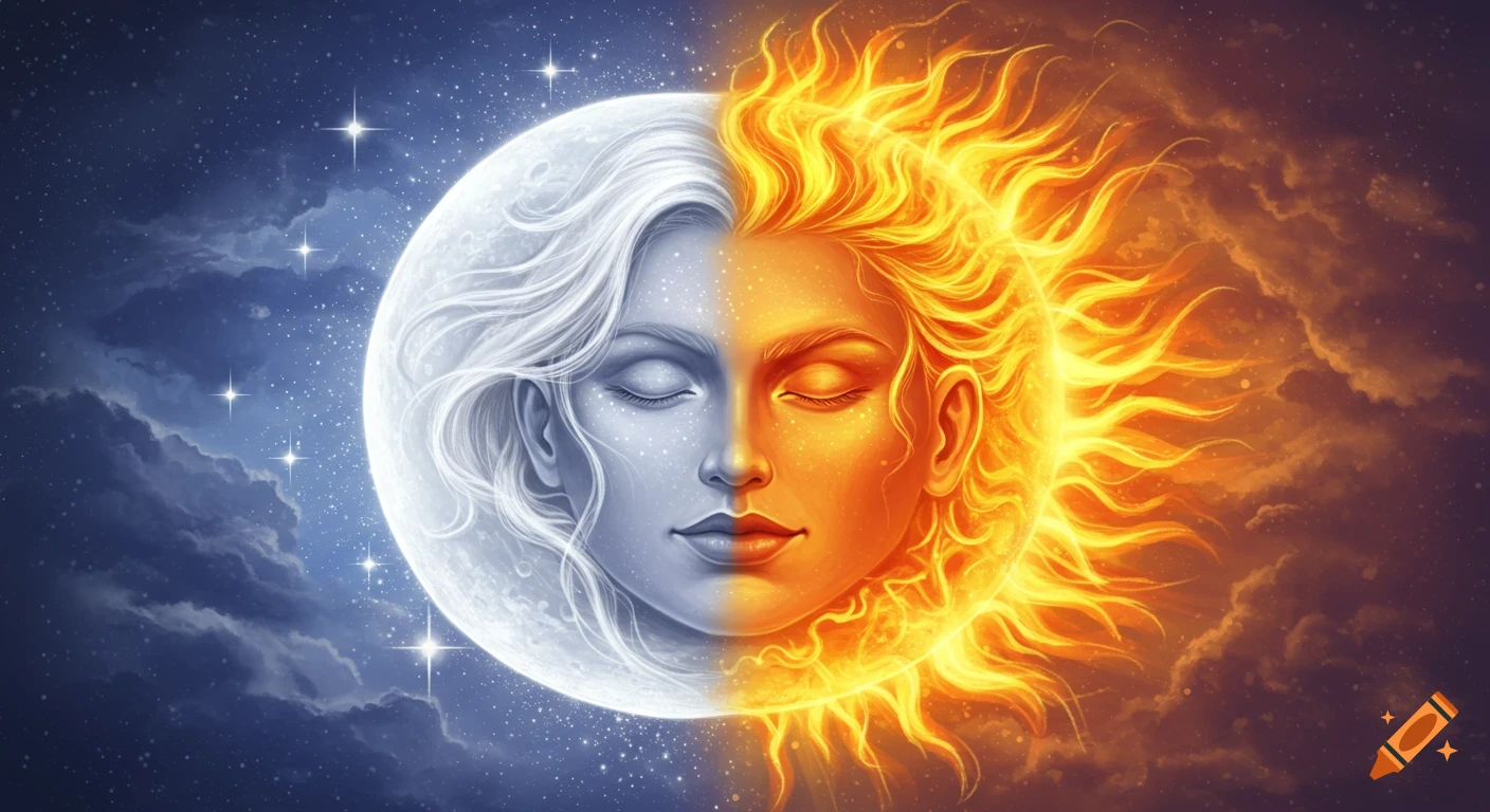 Stylized female face, half white moon with stars, half fiery orange sun, against a cosmic sky.