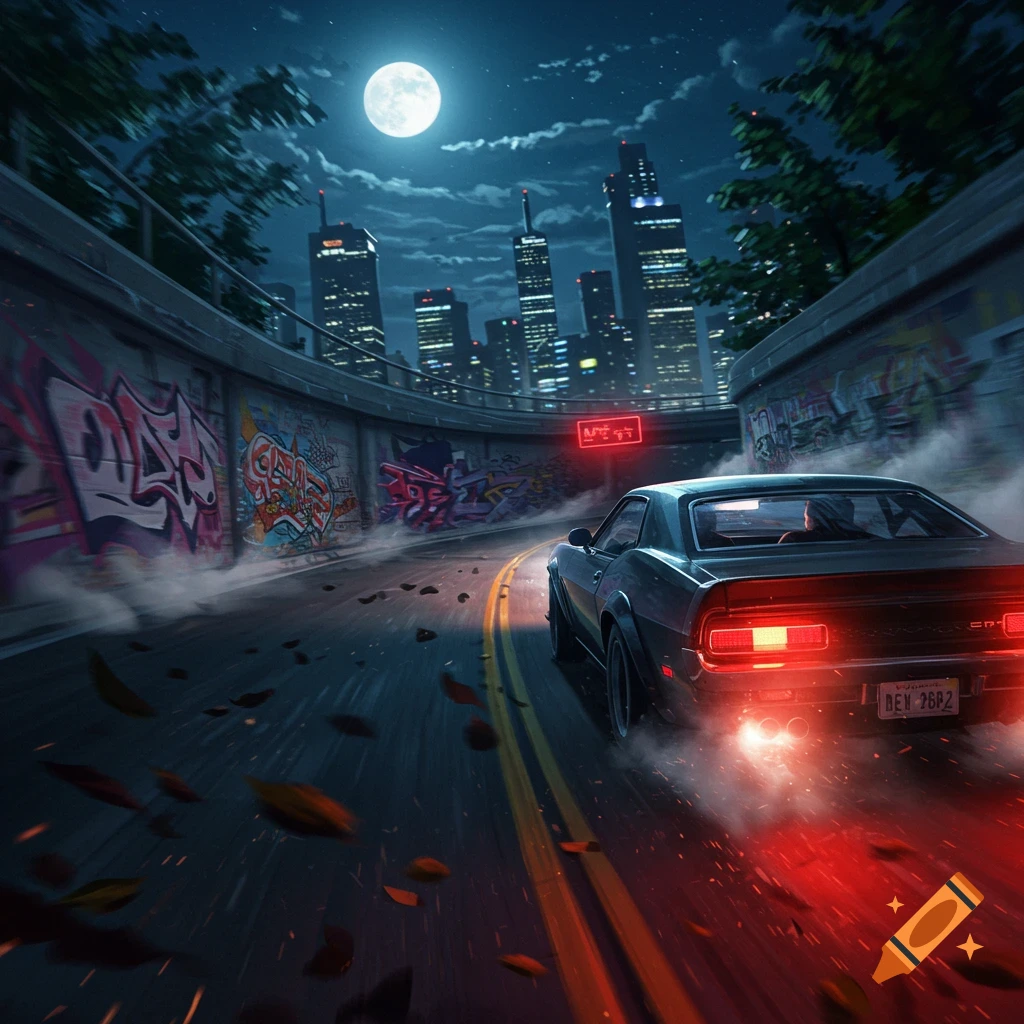 A muscle car speeds along a graffiti-covered urban overpass at night under a full moon, with a cityscape in the background.