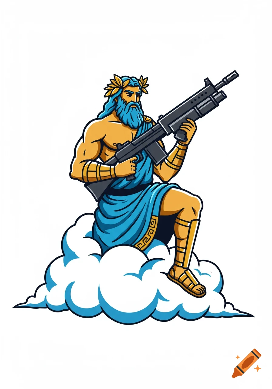 Cartoon Zeus with blue beard and laurel wreath, sitting on a cloud and holding an assault rifle, thick lines, white background.