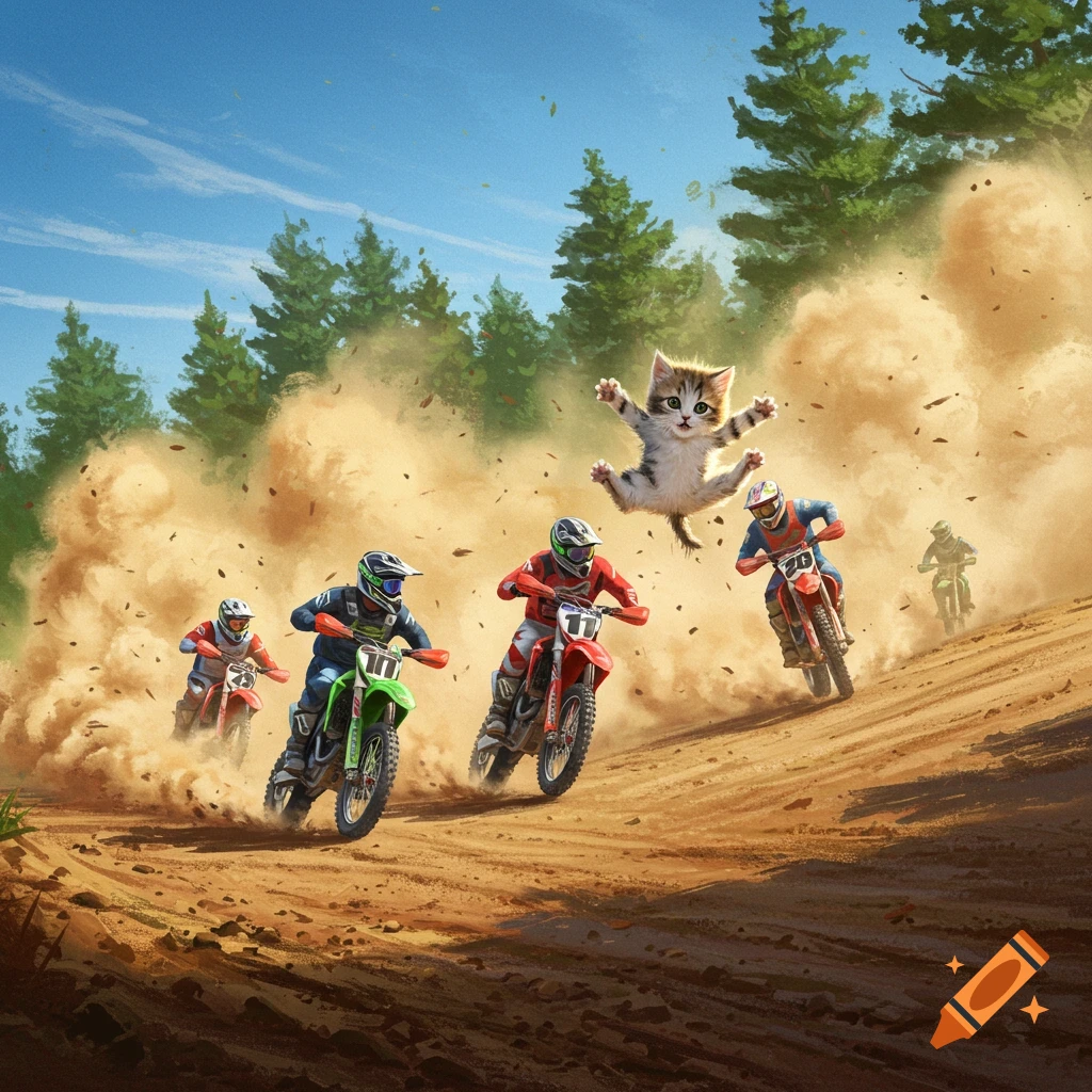 A fluffy kitten jumps in the air above motocross racers kicking up dust on a dirt track, digital illustration.
