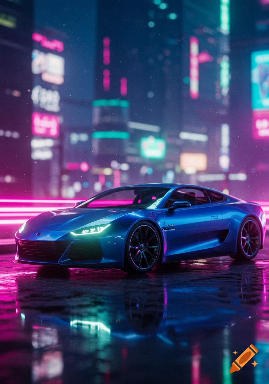 A sleek blue sports car with glowing headlights parked on a wet street at night, reflecting neon pink and blue city lights.