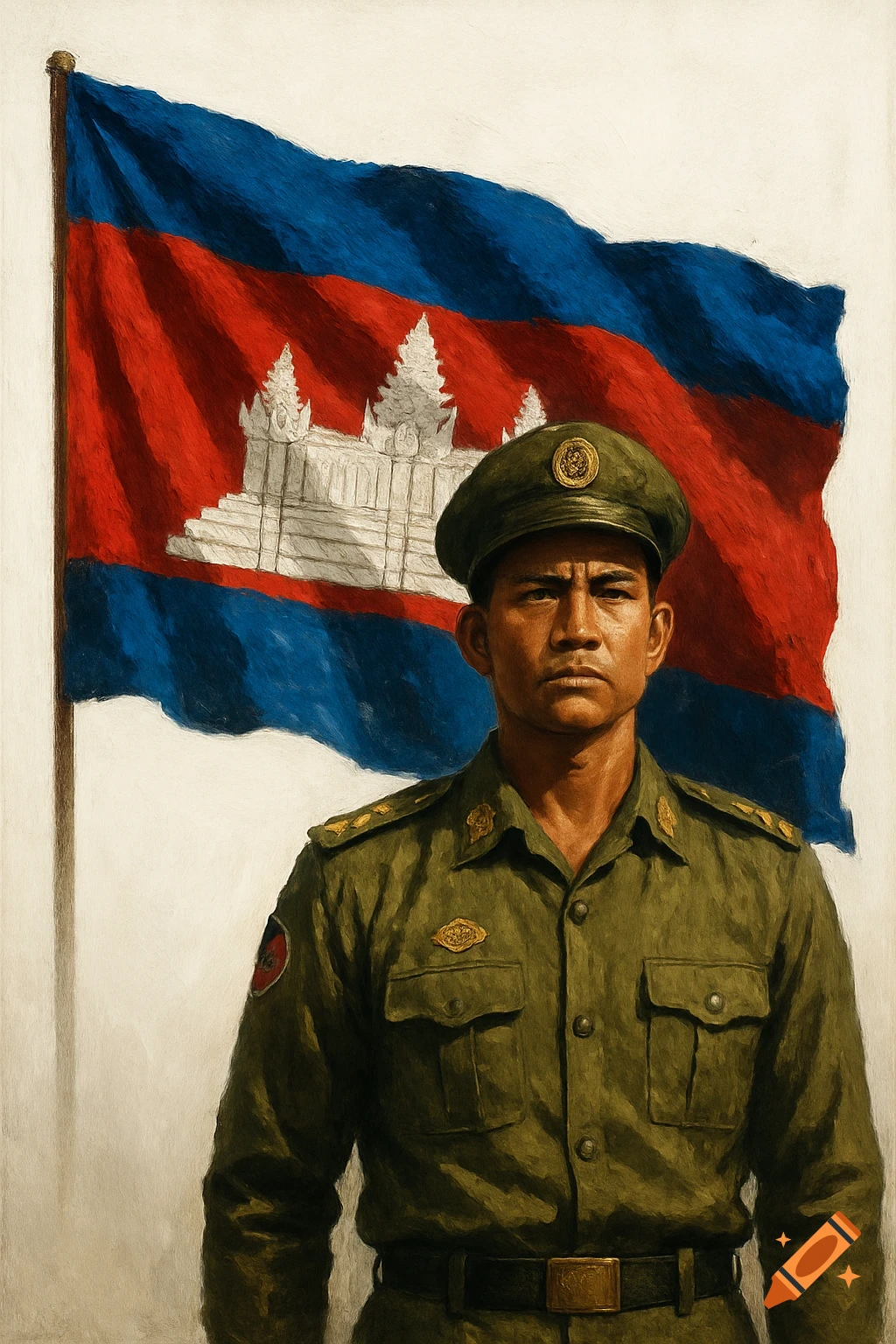 A painting of a Cambodian soldier in a green uniform and cap, standing formally in front of the Cambodian flag.
