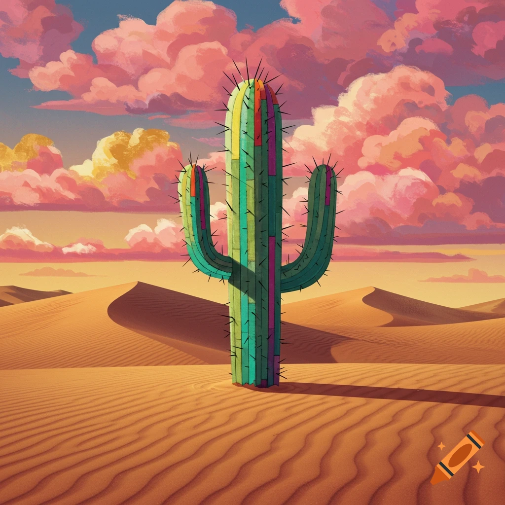 A vibrant, stylized cactus stands in a desert under a sky with pink clouds, rendered in the Klee art style.