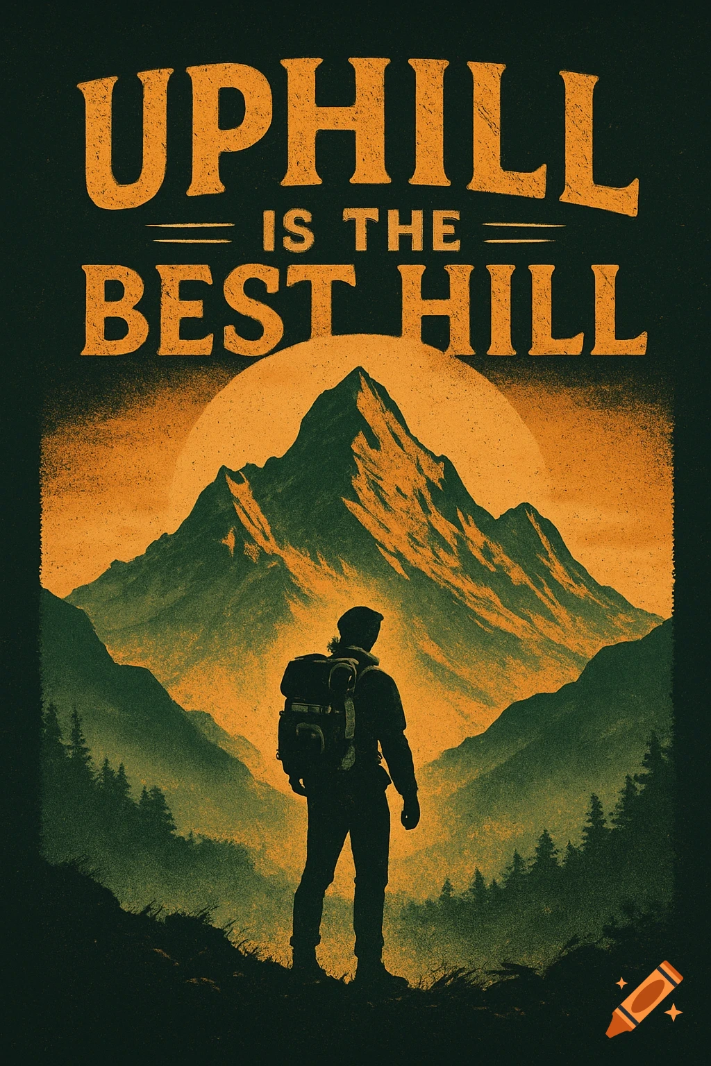 Vintage graphic of a hiker with a backpack looking at a mountain range against a setting sun, with text 'UPHILL IS THE BEST HILL'.