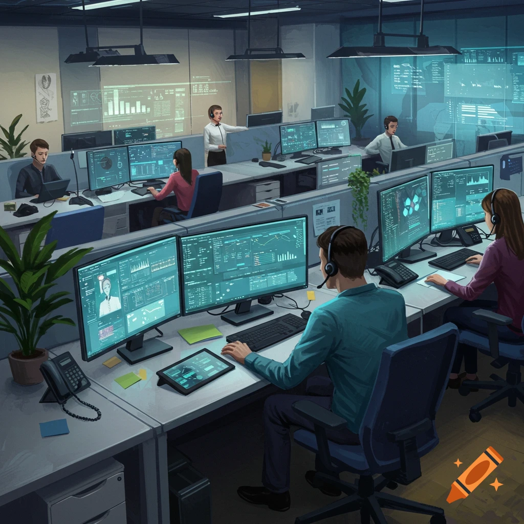 An isometric view of a busy open-plan office, with several people working at computer desks with multiple screens displaying data and charts.