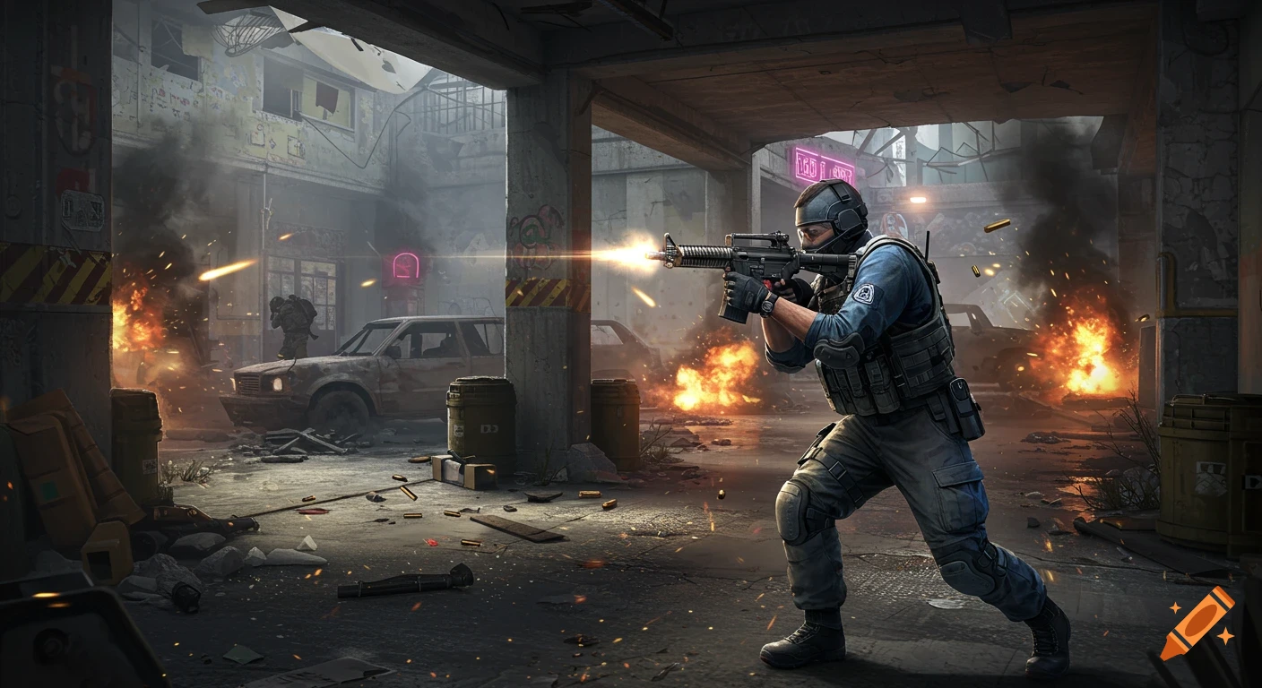 A soldier in tactical gear fires a rifle during an urban combat scene with explosions and smoke, photorealistic style.