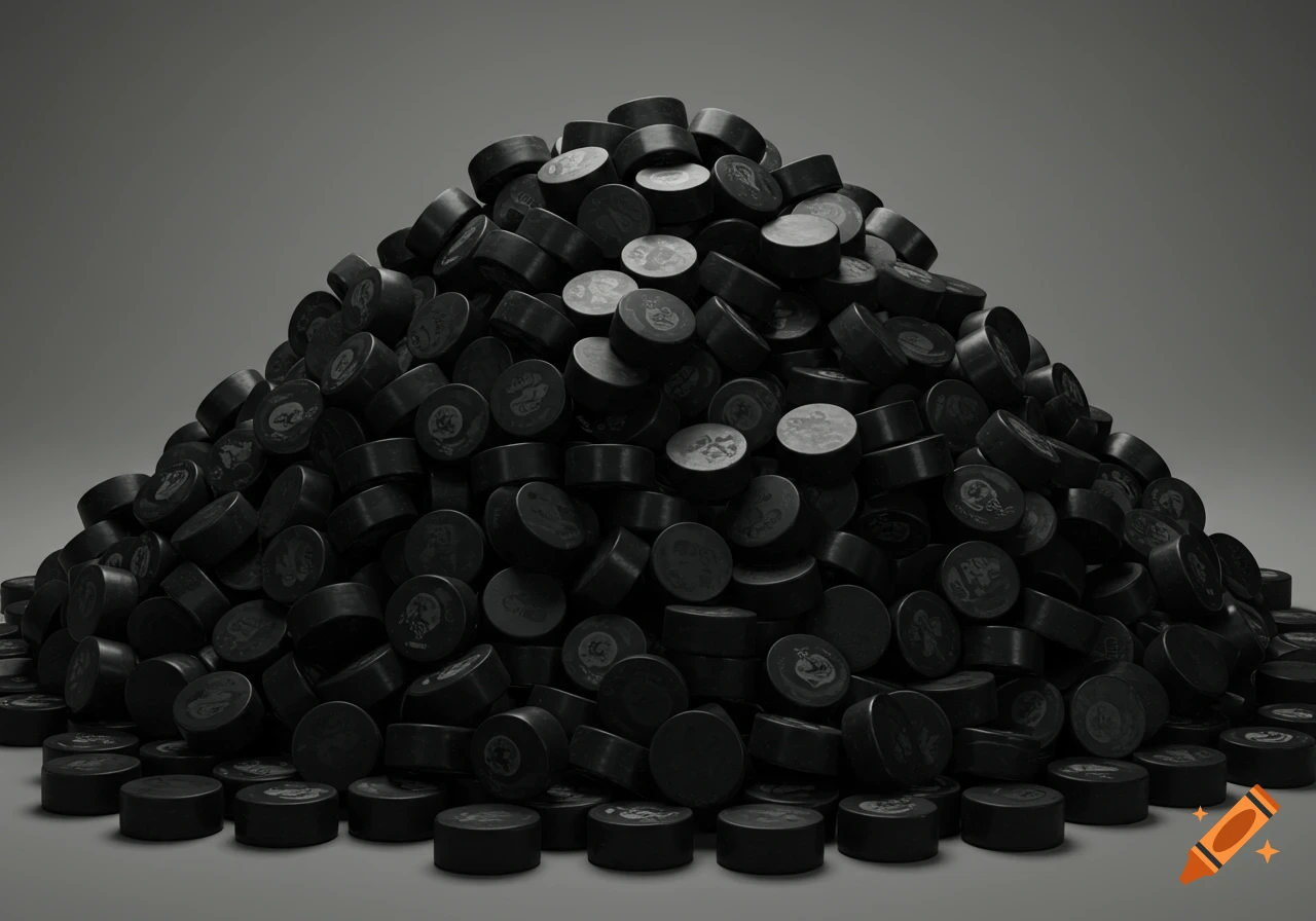 A massive, perfectly stacked pile of black hockey pucks fills the frame, rendered in a photorealistic, monochrome style against a plain gray background.