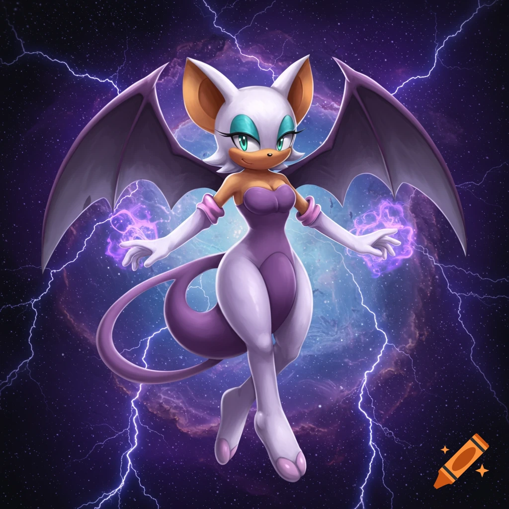 Rouge the Bat as Mewtwo, floating with purple energy against a cosmic background with lightning.