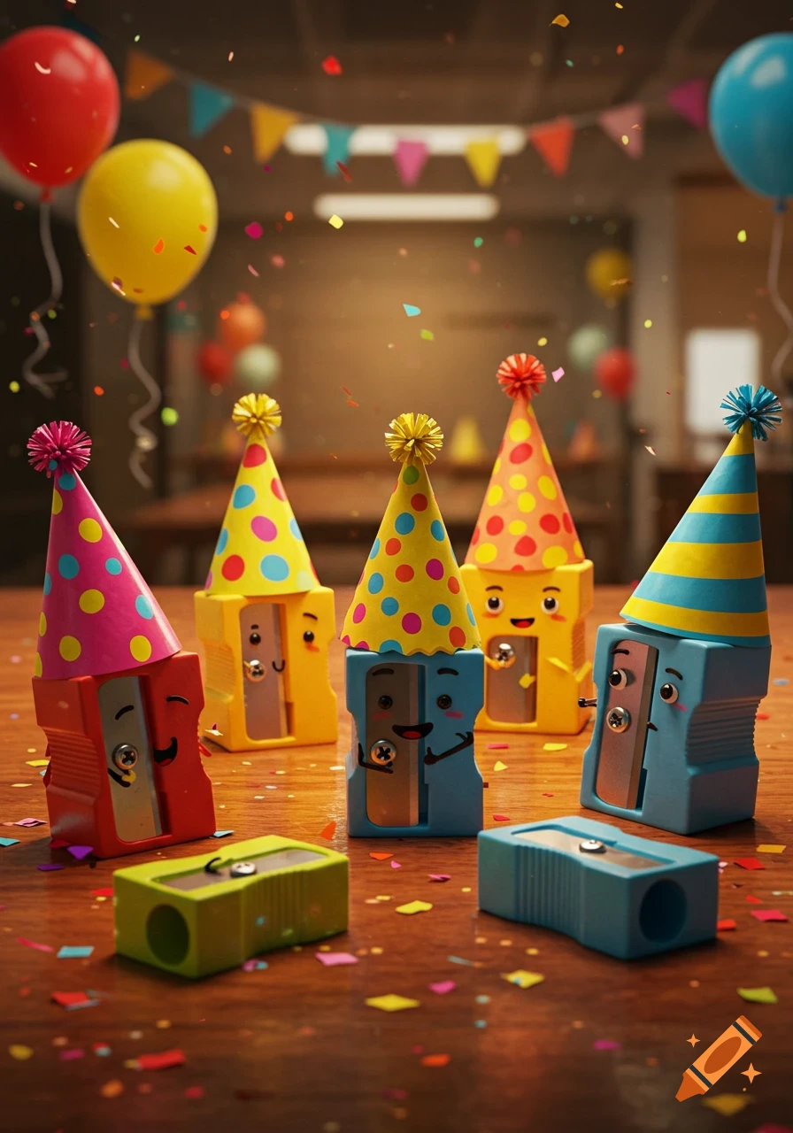 Colorful pencil sharpeners with cute faces wear party hats amidst confetti and balloons on a wooden table.