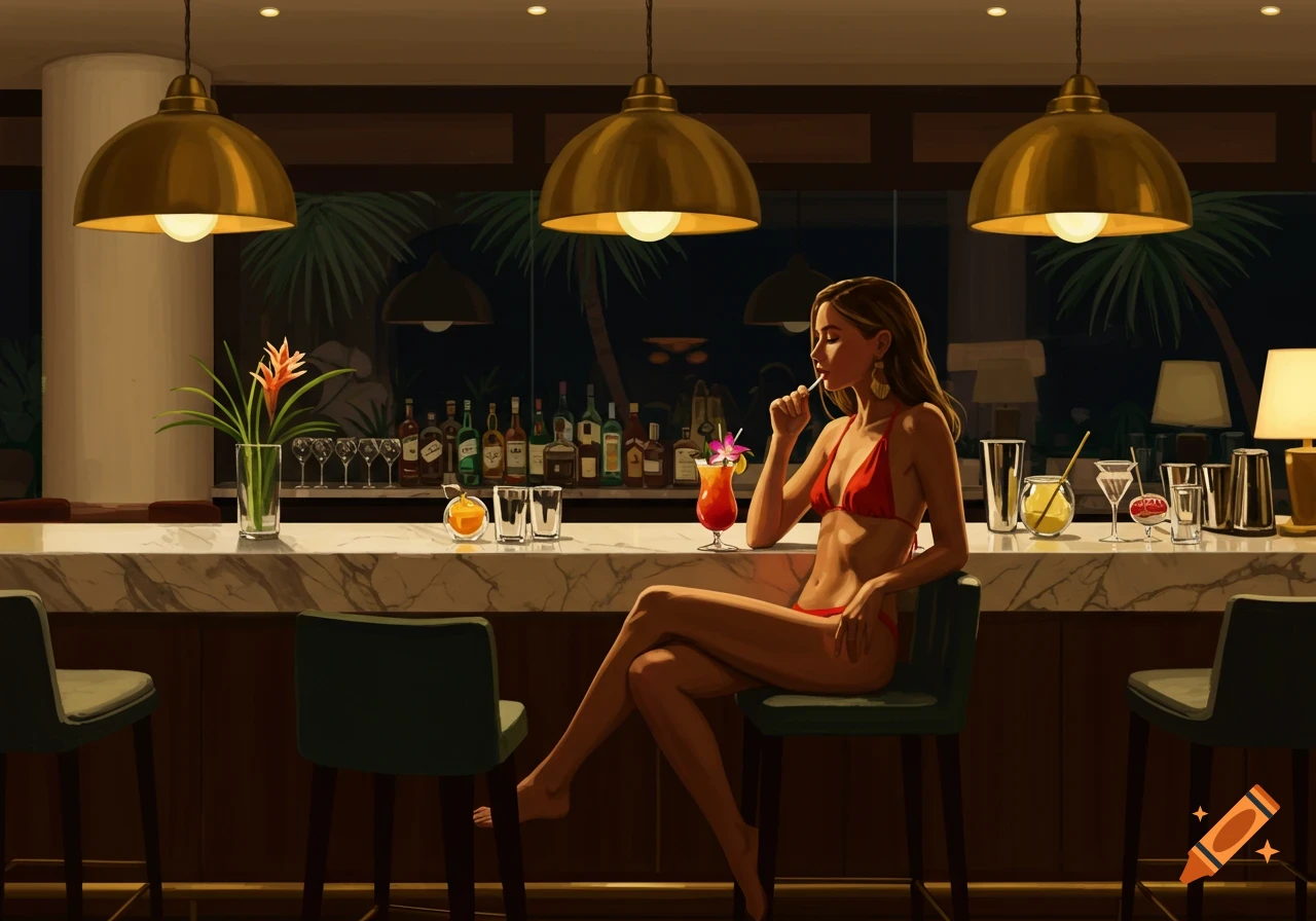 A woman in a red bikini sips a cocktail at a dimly lit, upscale hotel bar with a tropical view outside.