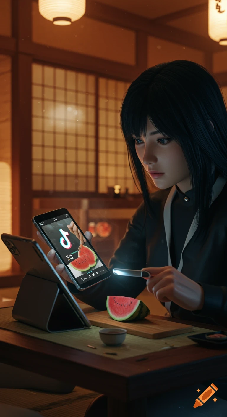 A photorealistic image of a woman in a traditional Japanese room, watching TikTok on her phone while cutting watermelon.
