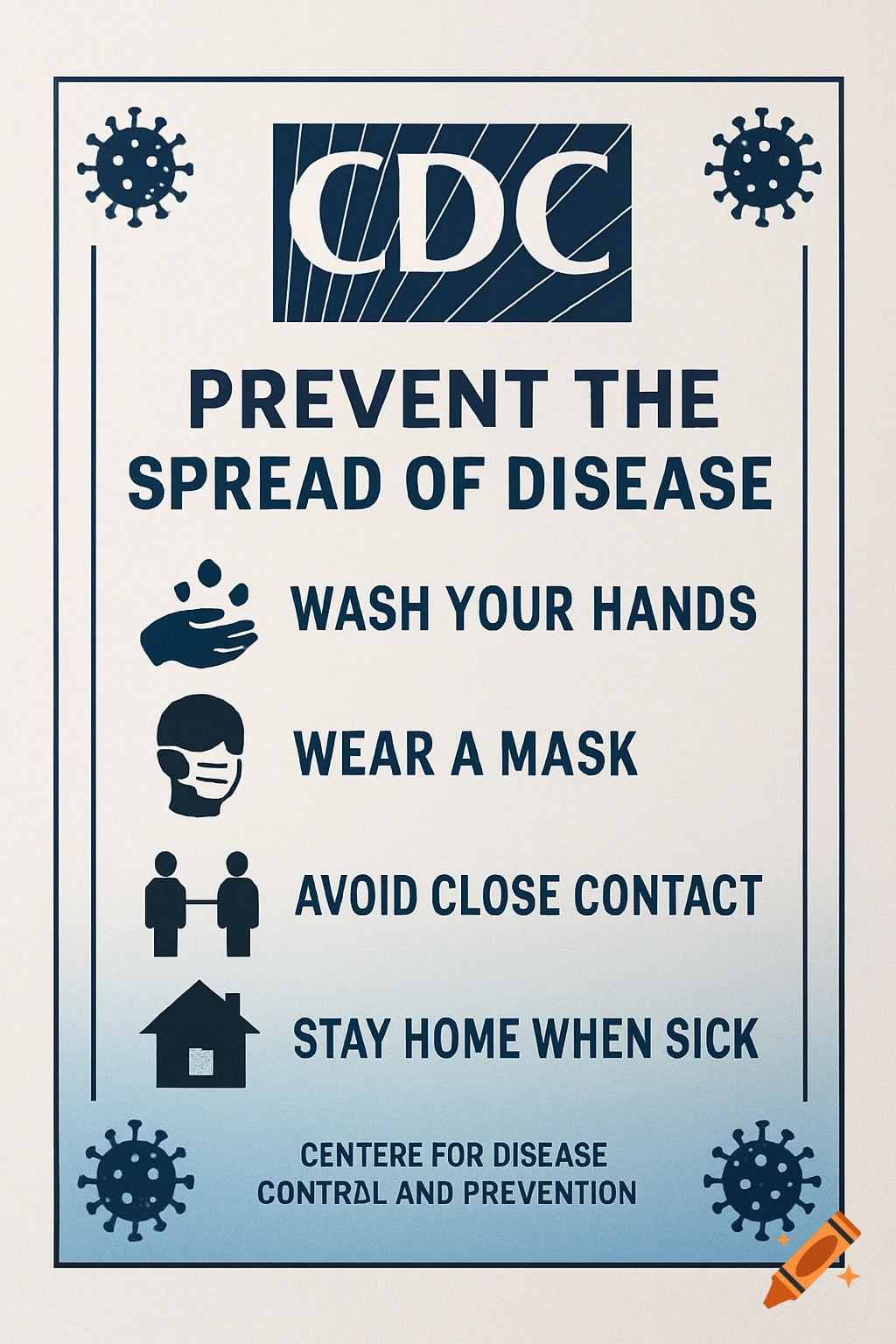 An official CDC poster with text 'PREVENT THE SPREAD OF DISEASE' and icons for washing hands, wearing a mask, avoiding close contact, and staying home when sick.