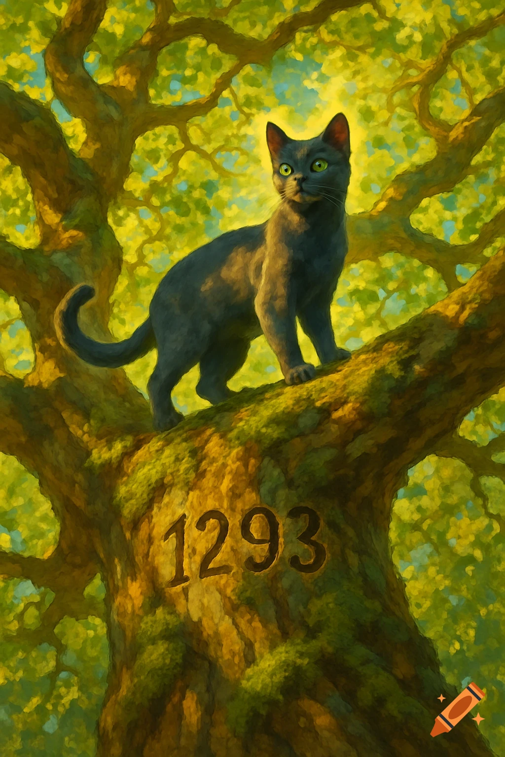 A grey cat with bright green eyes sits on a thick, mossy tree branch with '1293' carved into its trunk, bathed in golden light from a leafy canopy.