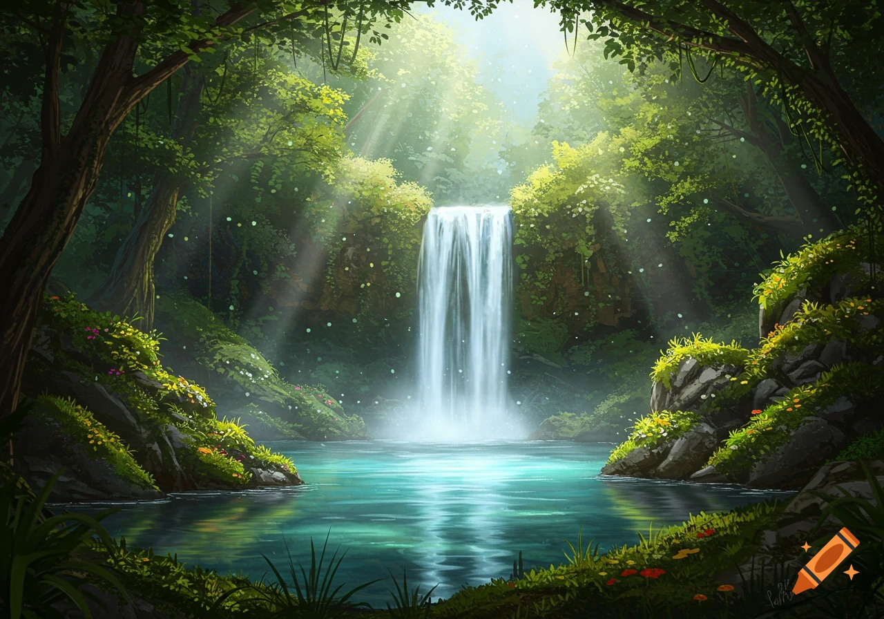 Lush, verdant fantasy forest with a bright waterfall cascading into a clear pool, illuminated by sun rays.