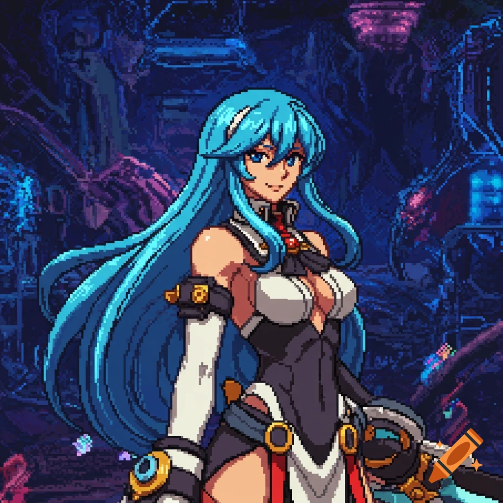 Pixel art portrait of a female anime character with long blue hair and a dark, revealing outfit, set against a glowing sci-fi background.