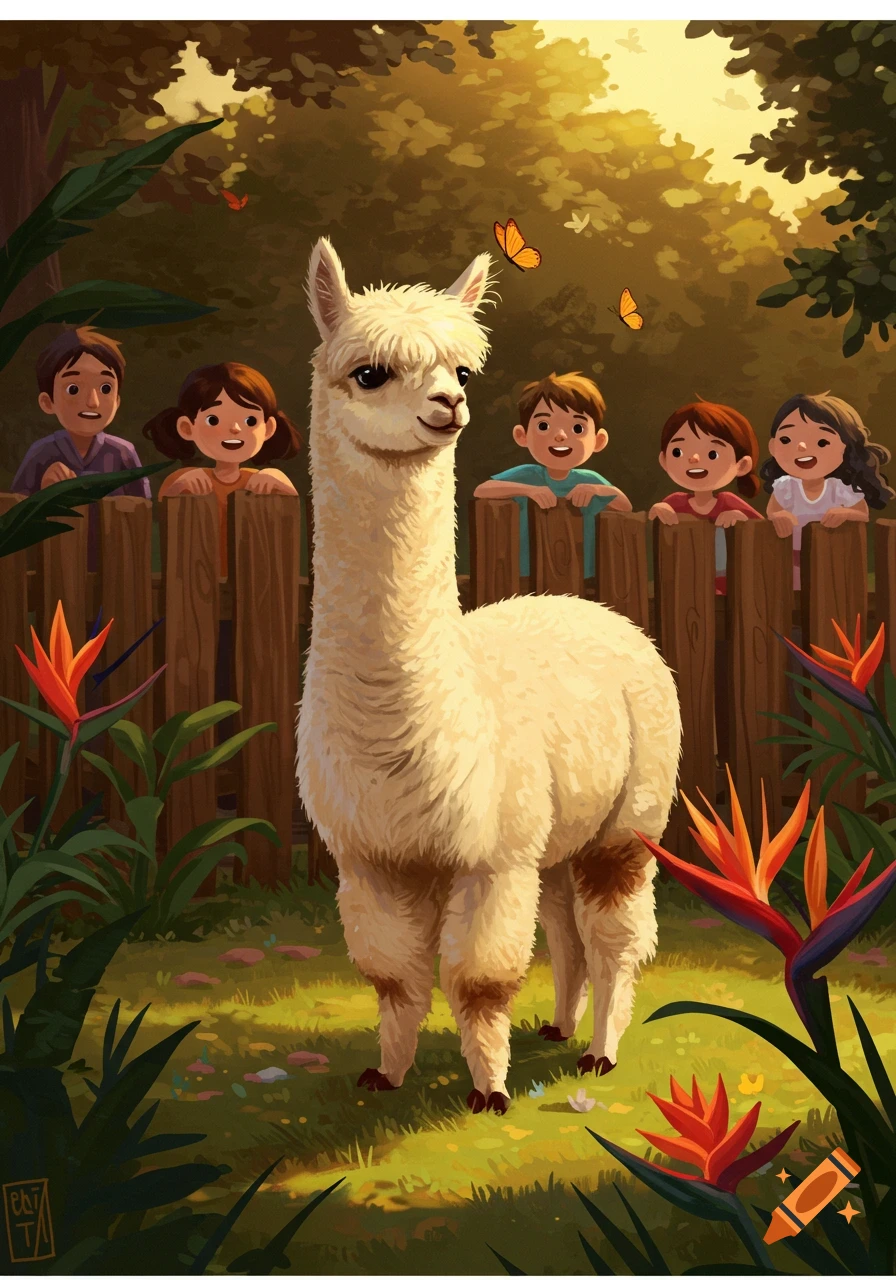 An illustrated scene of a white alpaca in a sunny garden with tropical flowers, and four children looking over a wooden fence.