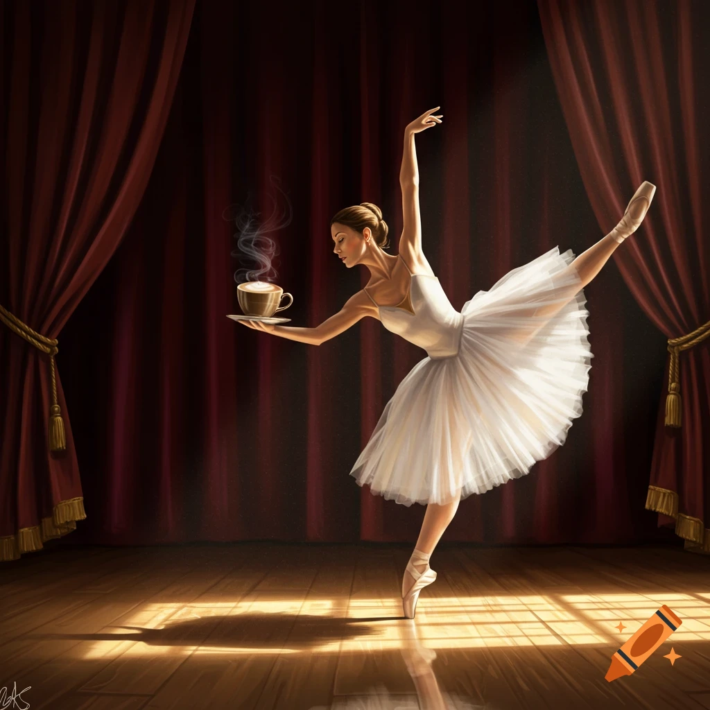 A graceful ballerina in a white tutu dances on a spotlighted stage, delicately holding a steaming cup of coffee.