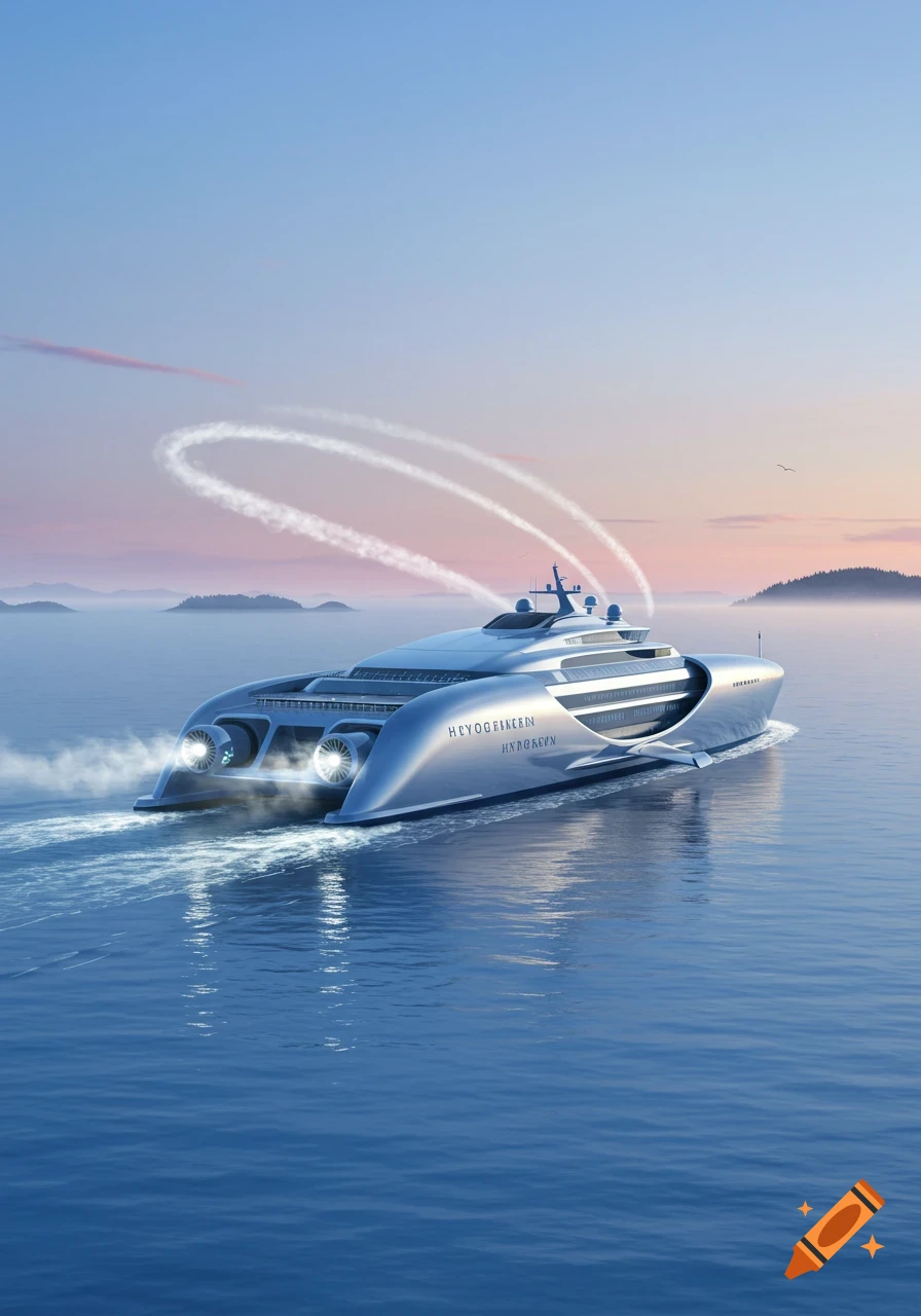 A sleek, futuristic silver catamaran-like ship with large front turbines glides over calm blue water under a pastel pink and blue sky.