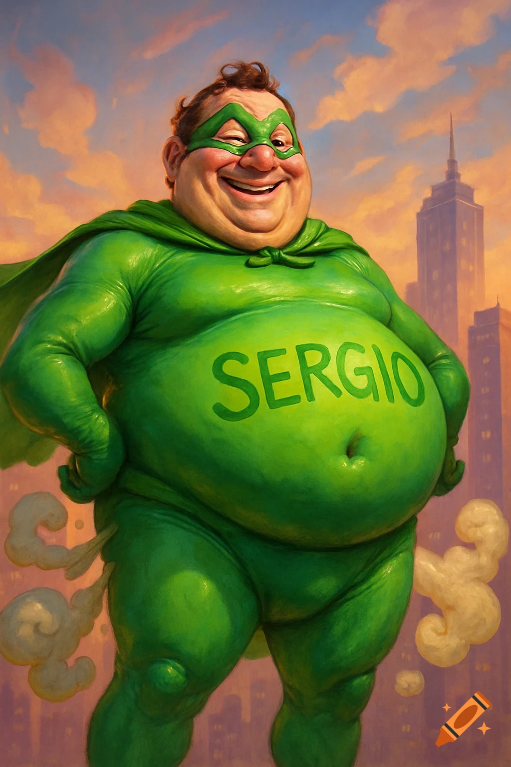A portly man in a green superhero costume and mask laughs while farting, with 'SERGIO' on his belly, in a city.