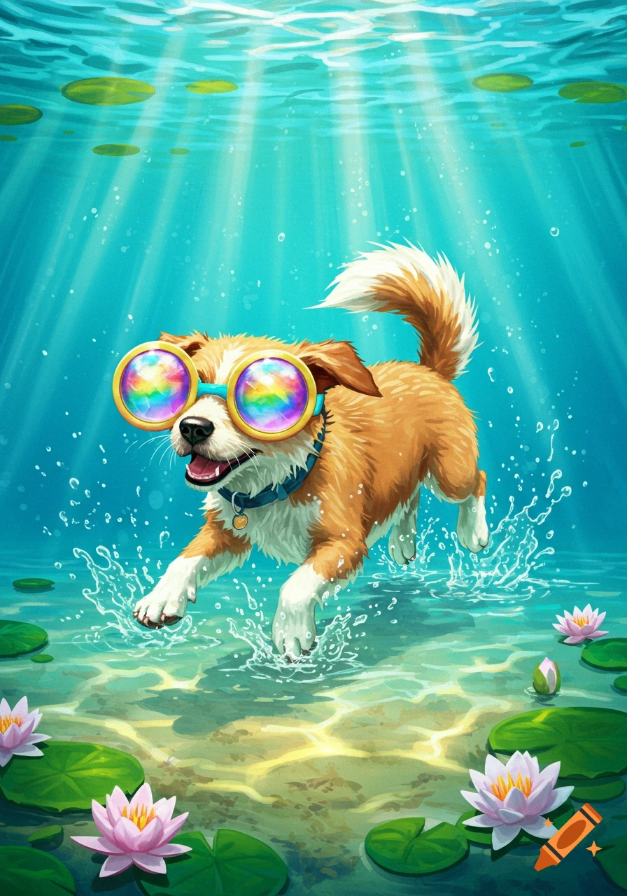 Illustrated dog with rainbow goggles splashing in clear blue water surrounded by lily pads and pink flowers.
