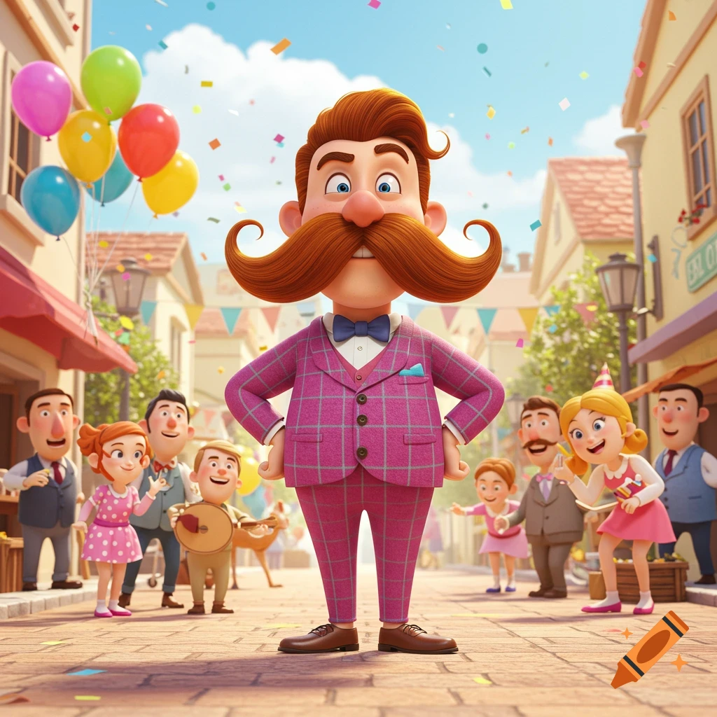 A cheerful 3D cartoon man with a big mustache and pink plaid suit stands in a festive town street with balloons and confetti.