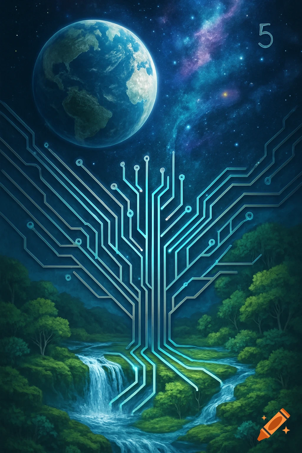 Earth in space above a glowing circuit board tree rooted in a lush forest with waterfalls, featuring a '5' in the corner.