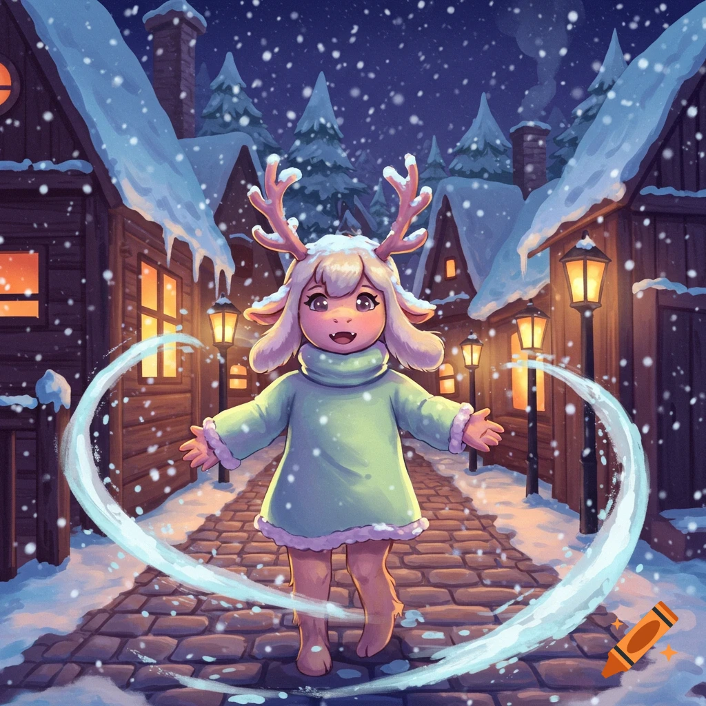Noelle, a cute deer-like character, smiles with arms outstretched in a snowy winter village at night, with glowing lanterns, digital art.