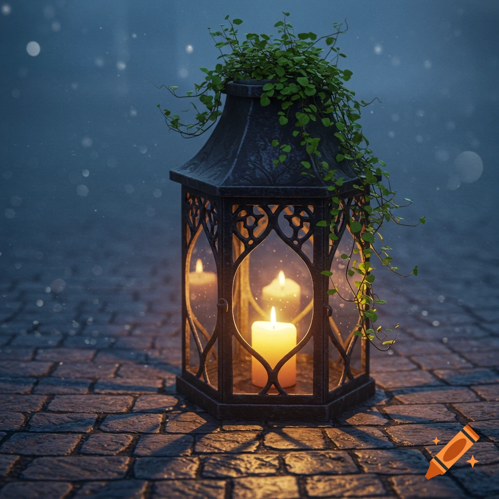 A lit candle in a metal lantern with green plants on top, sitting on cobblestone pavement in the dark.