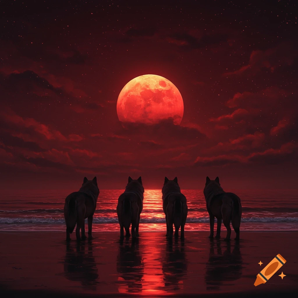 Four wolves on a dark beach watch a huge red moon over a red ocean under a starry, cloudy sky.