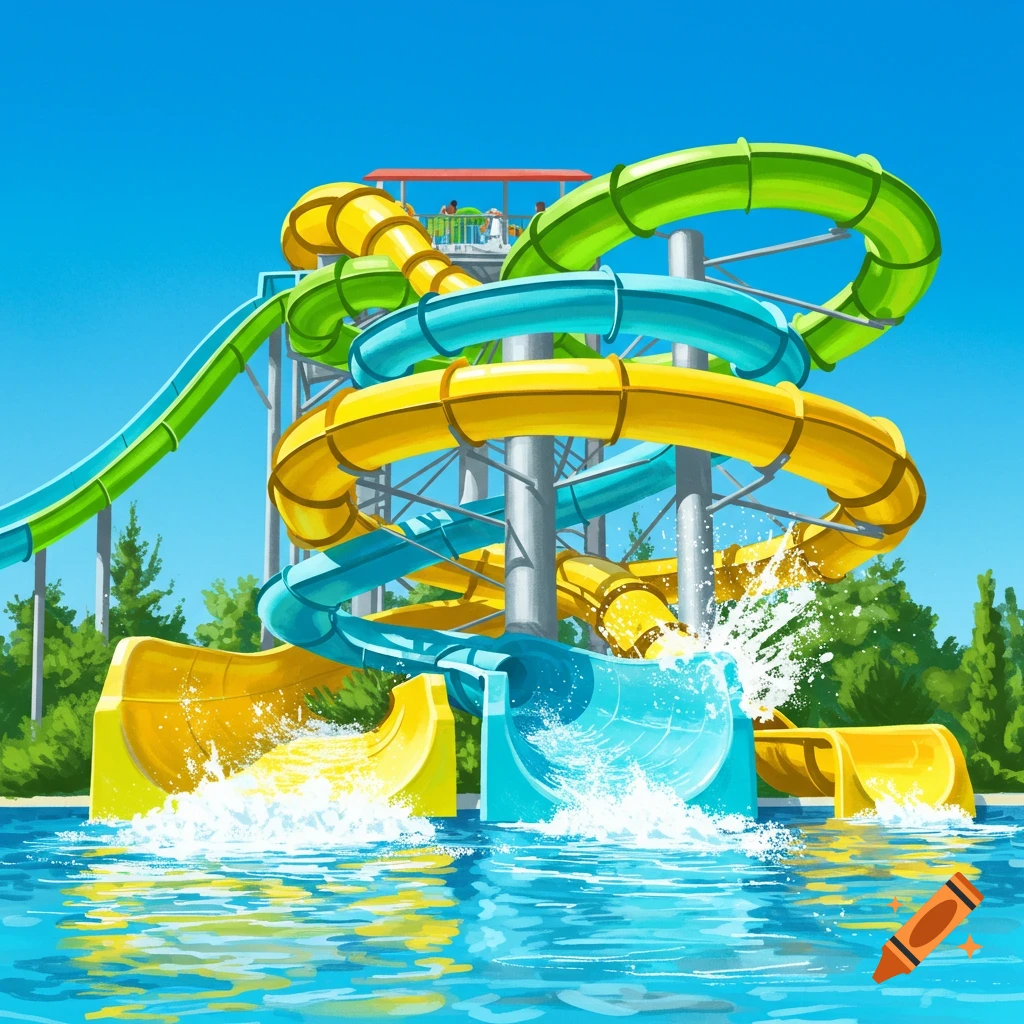 A vibrant illustration of a multi-colored waterslide structure with splashing water at its exits into a pool, under a clear blue sky.