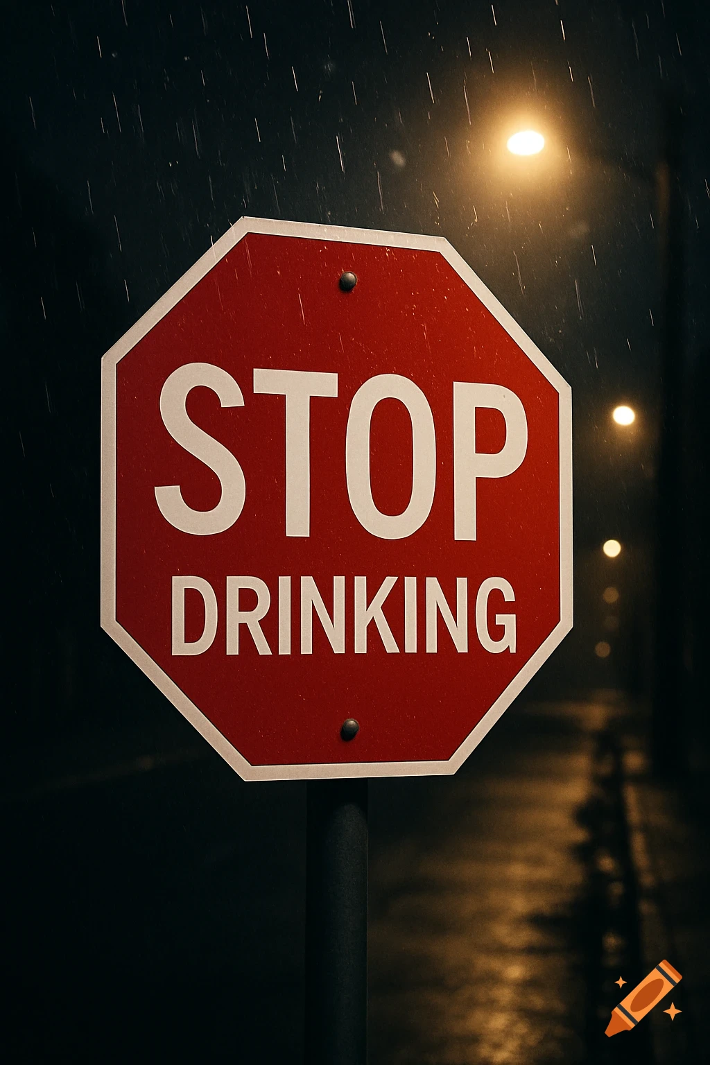 A red stop sign with 'STOP DRINKING' in white text stands on a street post during a rainy night, illuminated by distant streetlights.