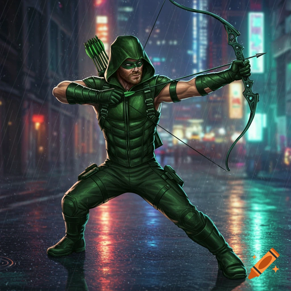 Green Arrow in a green hooded suit aims his bow and arrow on a rainy city street at night, comic book style.