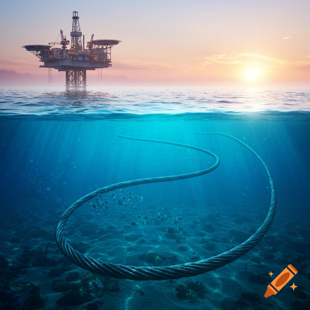 A photorealistic split view of an offshore oil rig at sunset, with a thick cable winding across the ocean floor below.