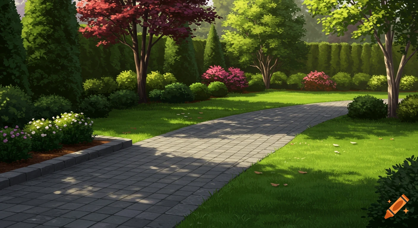 A stylized illustration of a well-maintained garden with a winding paved path, green lawn, colorful trees, and flowering bushes under dappled afternoon sunlight.