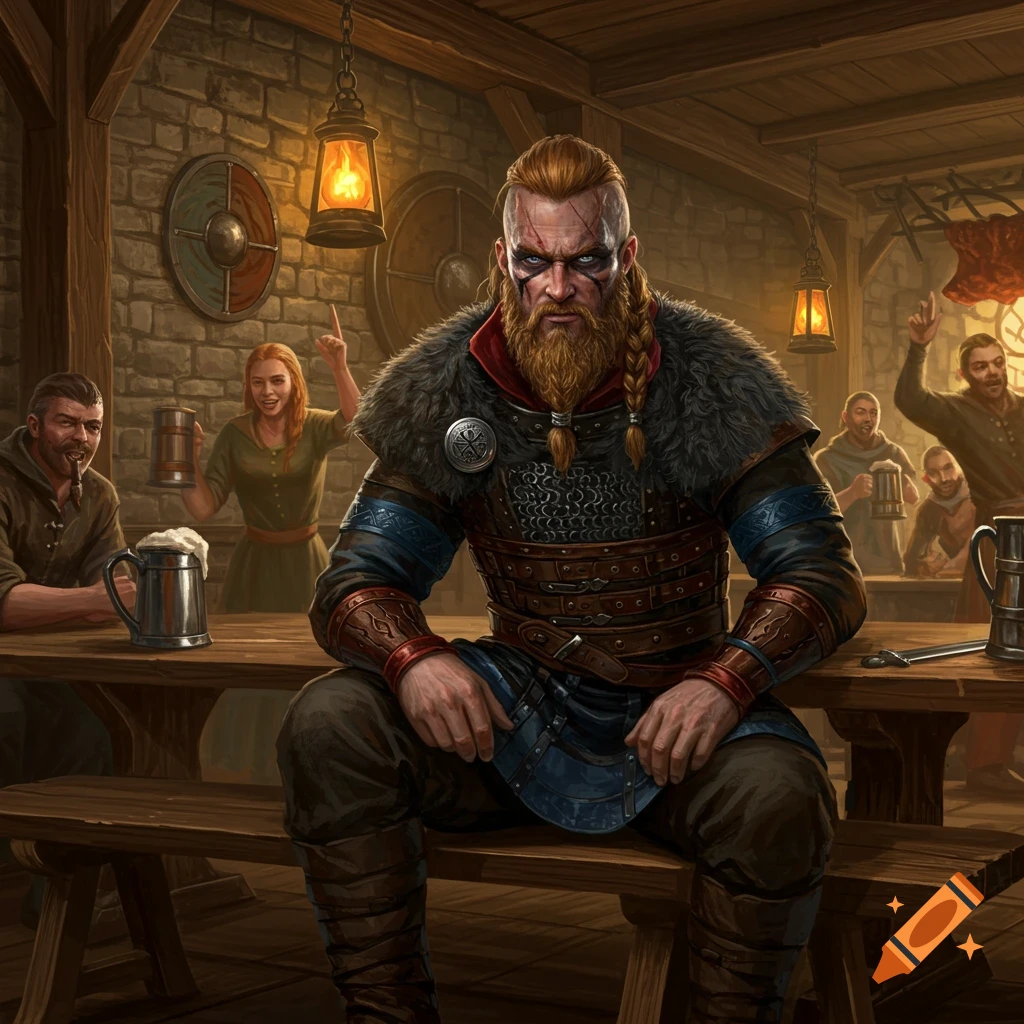 A detailed, photorealistic depiction of a stern Viking man sitting at a table in a rustic tavern with other patrons.