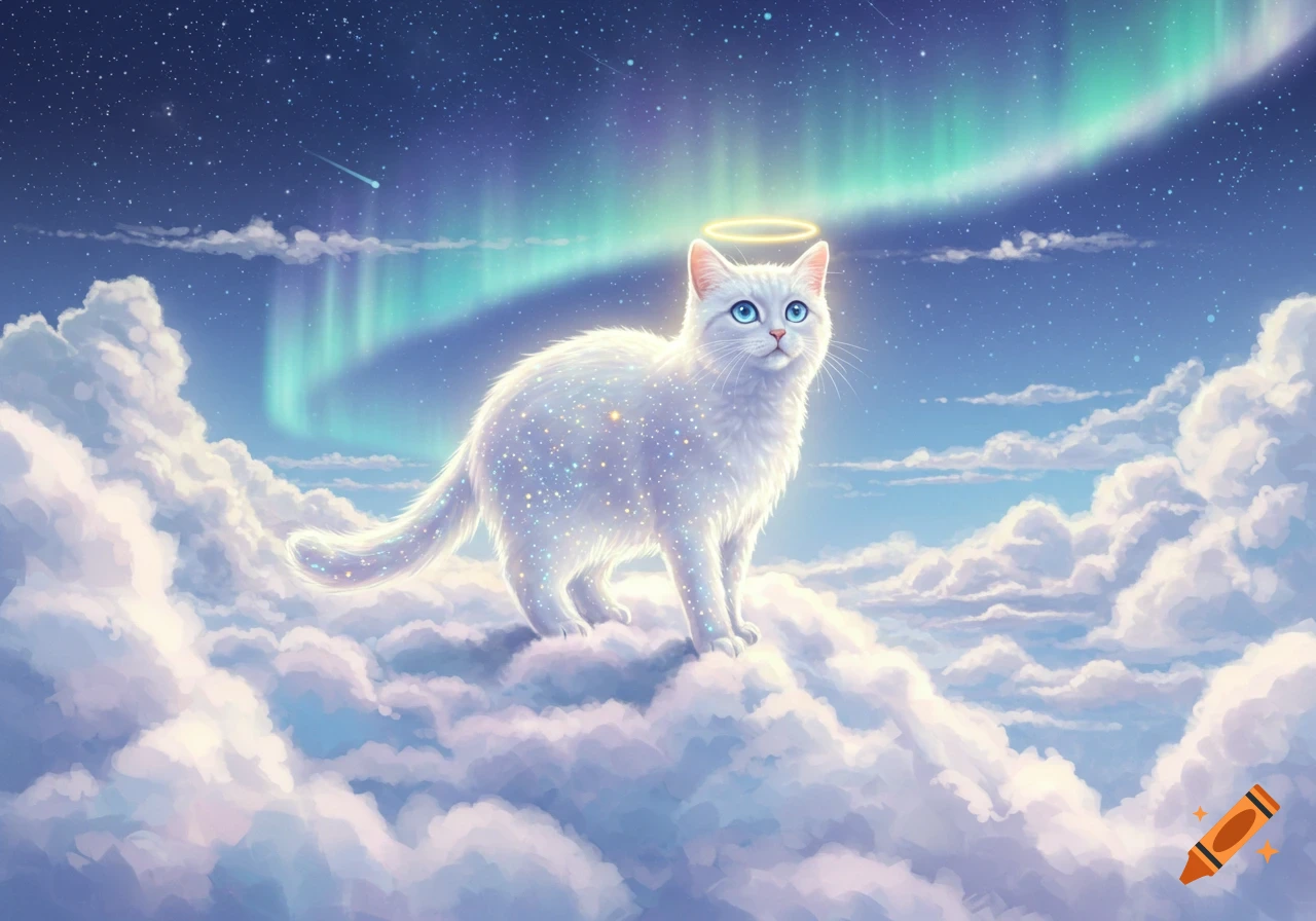 A glittering white cat with blue eyes and a halo stands on soft clouds under a starry night sky with a vibrant aurora borealis.