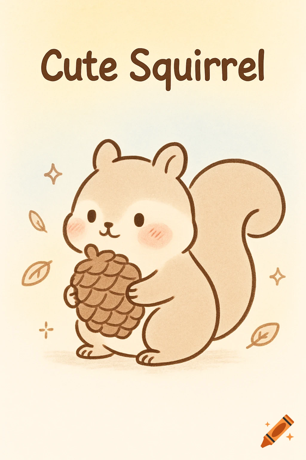 A cute, round, cartoon squirrel with blush cheeks holds a pinecone on a light yellow background. Text reads "Cute Squirrel".