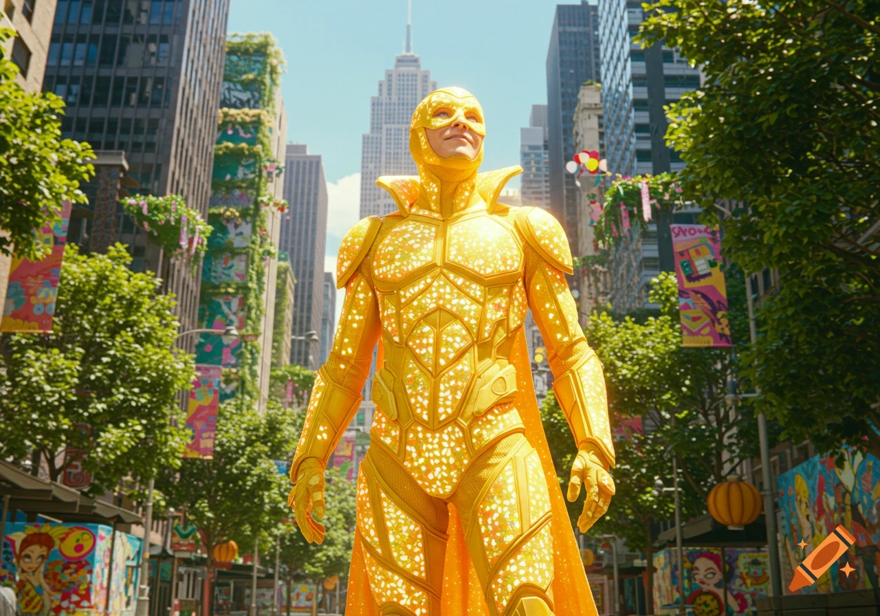 A person in a bright yellow superhero suit with glowing patterns stands in a vibrant, sunlit city street.