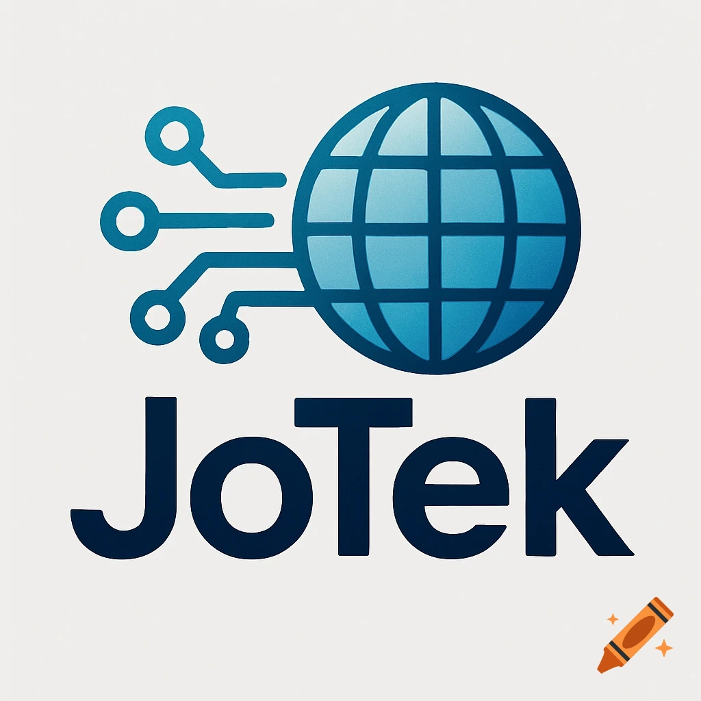 A blue logo featuring a stylized globe connected to circuit lines above the bold text 'JoTek'.