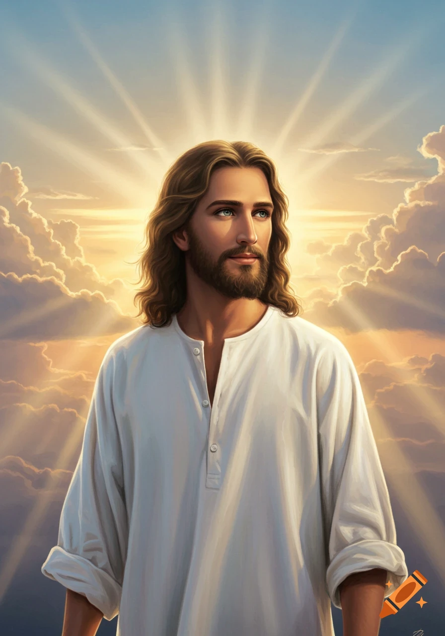 Illustration of Jesus with long brown hair and beard, wearing a white shirt, against a serene sky with clouds and bright light rays.