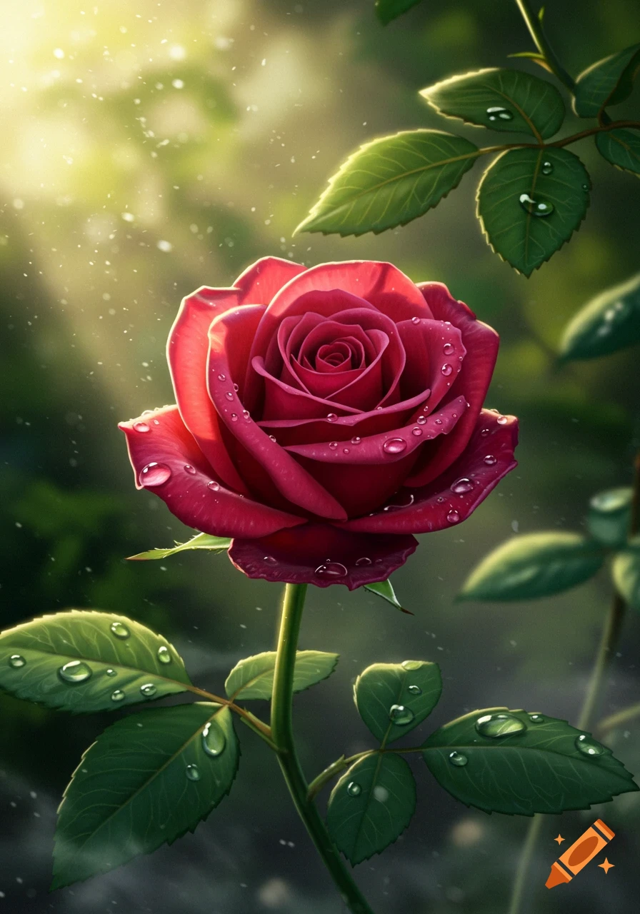 Close-up of a vibrant red rose with dew drops, bathed in sunlight in a lush garden, photorealistic.