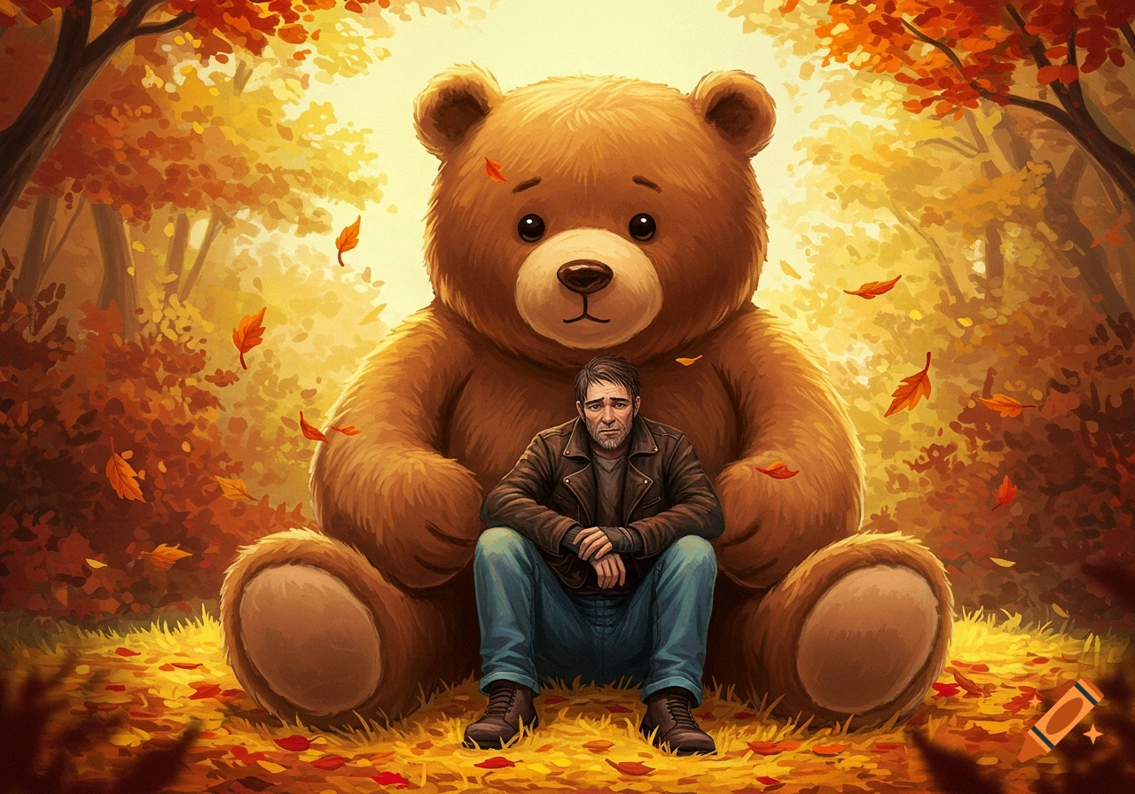 A sad man sits on autumn leaves in a bright forest, in front of a giant brown teddy bear, in an illustration style.