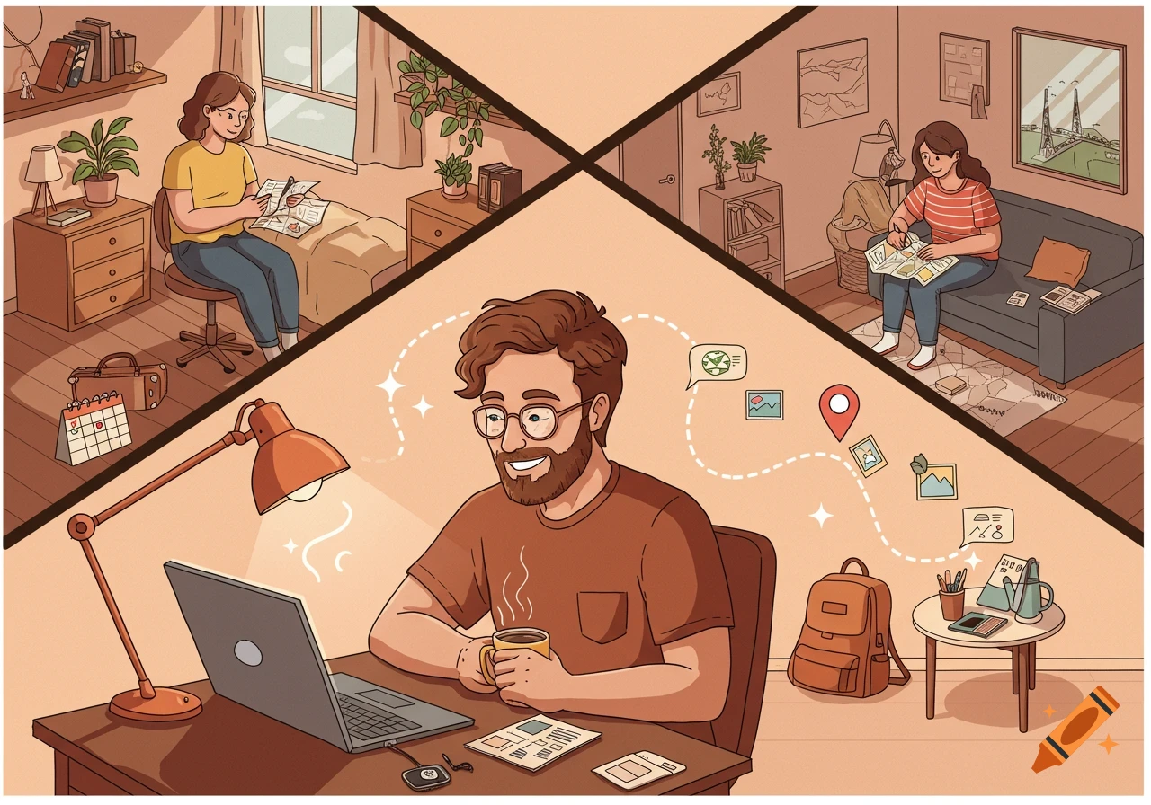 Digital illustration of three friends in separate rooms, planning a trip with laptops, maps, and calendars, connected by a dotted line.