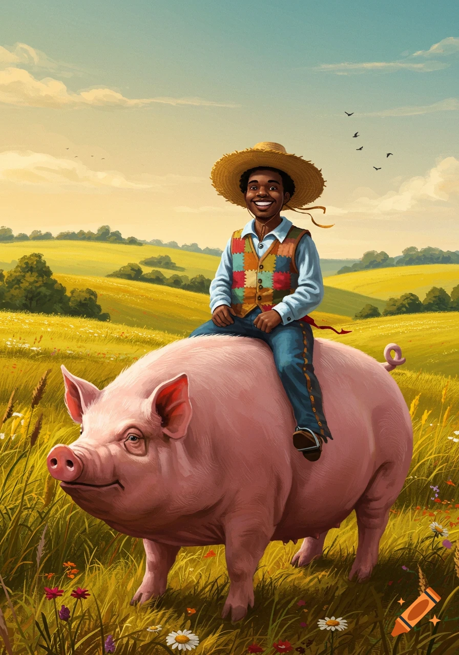 An illustrated smiling man with a straw hat and patchwork vest rides a large pink pig through a golden field.