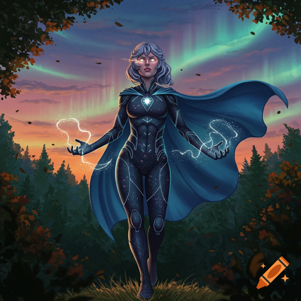 A female superhero in a blue cape and starry bodysuit stands in a forest with an aurora borealis sky, casting magic with glowing hands and eyes.