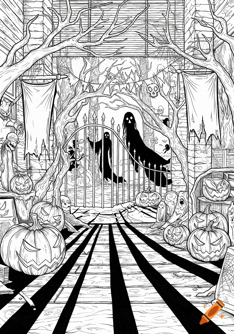 Black and white coloring page of a spooky Halloween scene with ghosts, jack-o'-lanterns, skulls, and bare trees around a gothic gate.