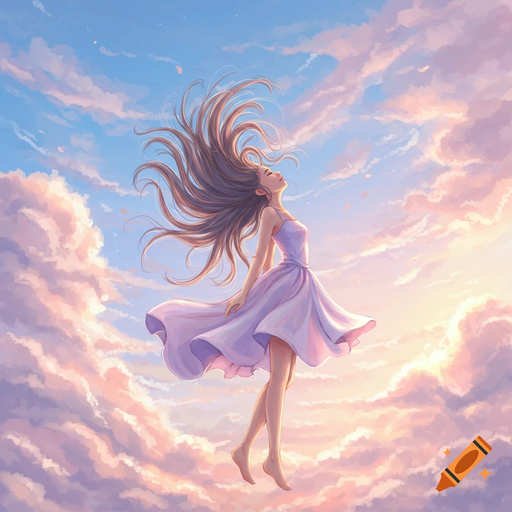 Anime girl with long hair and a flowy dress floating peacefully in a bright, pastel-colored cloudy sky.