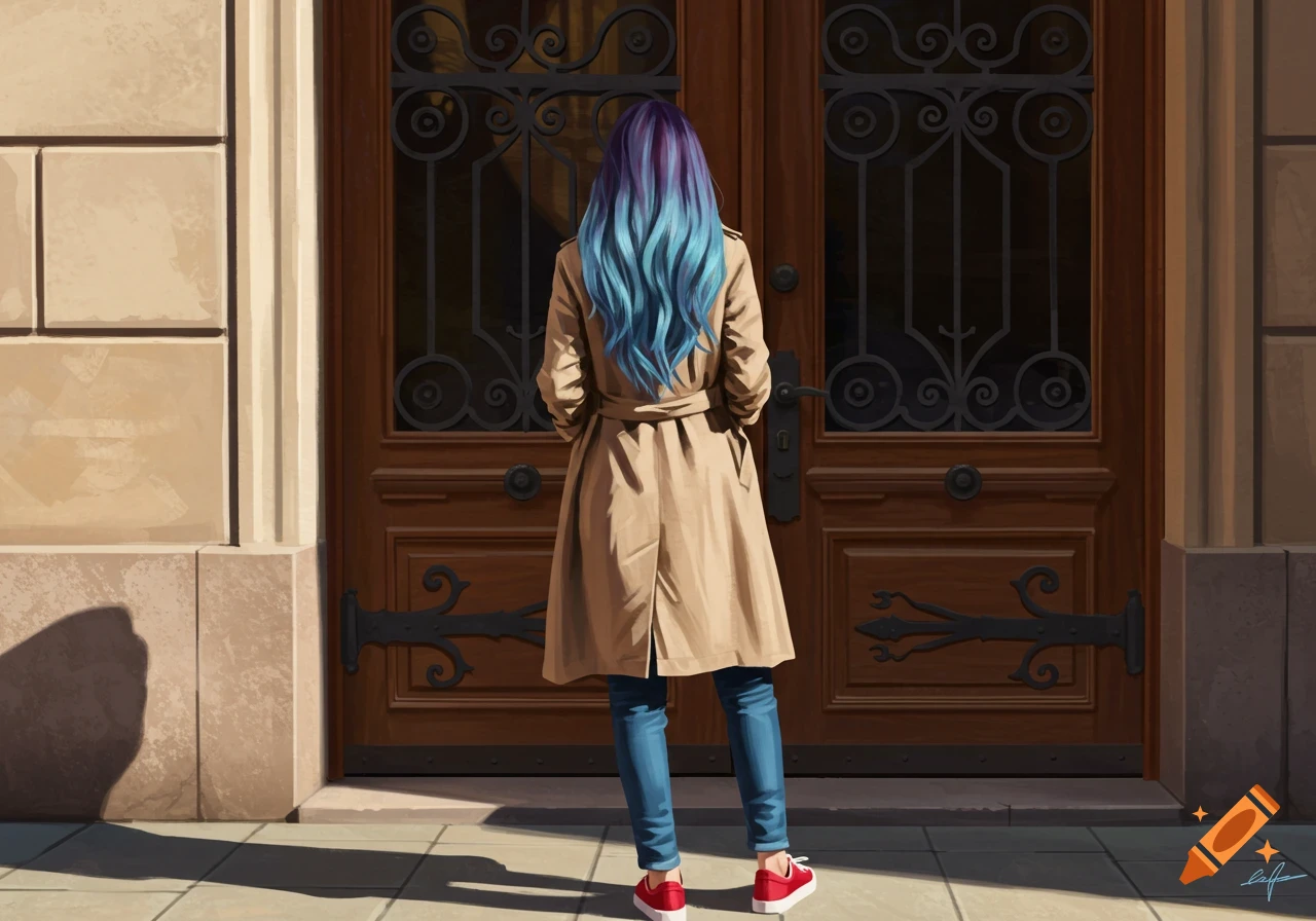 Stylized illustration of a woman with blue and purple hair, wearing a trench coat, jeans, and red sneakers, standing in front of a brown door.